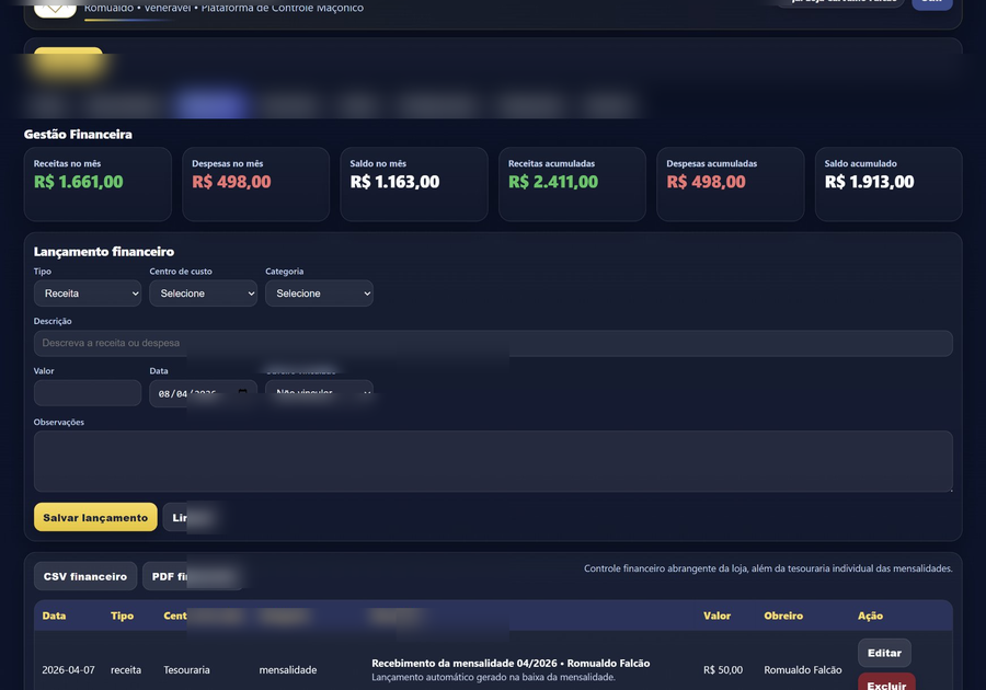Print da tela de financeiro do Controle Maçônico